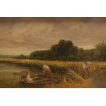 20th Century Oil on Canvas Figures harvesting by riverbank, unsigned 29.5cm x 45cm