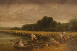 20th Century Oil on Canvas Figures harvesting by riverbank, unsigned 29.5cm x 45cm