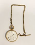 Gentleman's 18ct gold open faced pocket watch with white enamel dial, Roman numerals, subsidiary