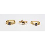 Three 9ct gold and sapphire rings, each set single stone in pierced setting (3)  Condition ReportThe