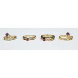 Four 9ct gold and ruby rings, each set single stone in pierced setting (4)  Condition ReportThe ring