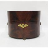 19th century flame mahogany D-shaped decanter box, the hinged top opening to reveal plum velvet