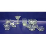 Two sets of five cut glass dessert bowls, cut glass fruit bowl, cut glass cream jug and other