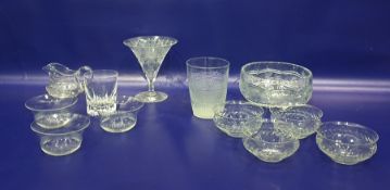 Two sets of five cut glass dessert bowls, cut glass fruit bowl, cut glass cream jug and other