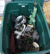 Box of assorted ironware including food mincers, cobblers lasts, flat irons, trivets