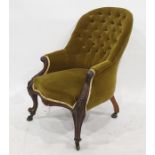 19th century sewing chair in olive ground buttonback upholstery, carved show frame, serpentine