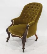 19th century sewing chair in olive ground buttonback upholstery, carved show frame, serpentine