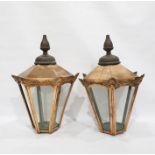 Pair of copper and glass light shades in the Victorian manner, of tapering hexagonal form