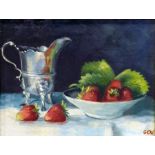 Unattributed (20th century) Oil on board Still life showing a silver cream jug with strawberries,