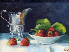 Unattributed (20th century) Oil on board Still life showing a silver cream jug with strawberries,