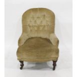 19th century salon chair in the sage green ground button back upholstery, turned supports to black