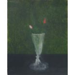 Craigie Aitchison (1926-2009) Oil on canvas board Still life, crystal vase with two buds, 25cm x