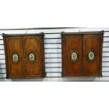 Pair of French wall-hanging two-door ormolu and kingwood cabinets with three-quarter galleried brass