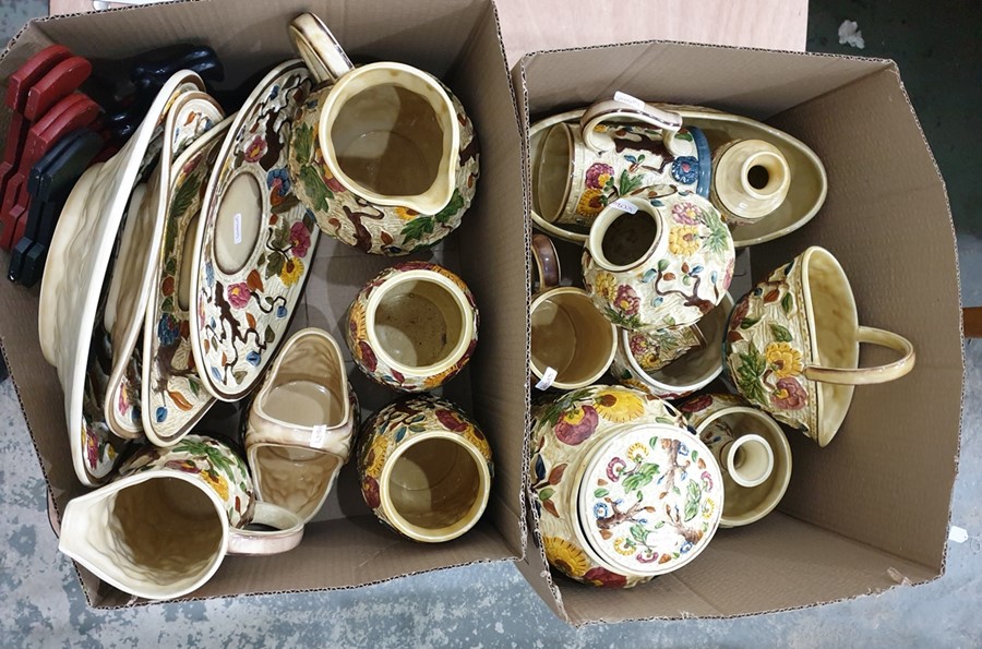 Two boxes of H J Wood Indian Tree decorated porcelain to include jugs, vases, baskets, mugs, etc