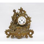 French ormolu-type mantel clock with bell chime (damage to the enamel dial and one leg missing)