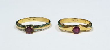 Two 18ct gold and ruby rings, each set single stone in pierced setting (2)  Condition ReportThe