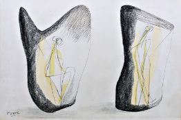 After Henry Moore (1898-1986) Lithographic print Figures in sculpture, bearing printed signature