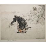 Henr. Wilkinson (Henry Wilkinson) Colour etching  Black spaniel retrieving a pheasant, signed in