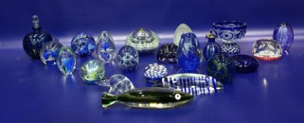 Large quantity of blue and other glass paperweights, blue flashed glass heavy pedestal salt,