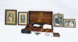 Silver photograph frame, various further photograph frames, a folding games box variously inlaid,