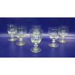 Set of six cut glass rummers, each with panel cut bucket shape bowl, bladed knop to stem, circular