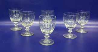 Set of six cut glass rummers, each with panel cut bucket shape bowl, bladed knop to stem, circular