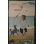 Embroidered picture of boy at water’s edge playing with dog, 38cm x 22cm