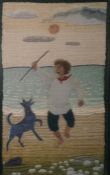 Embroidered picture of boy at water’s edge playing with dog, 38cm x 22cm