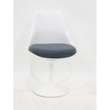 Eero Saarinen style white plastic swivel chair on white metal base