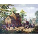 Unattributed  Oil on board  Village scene with stage coach and four horses, country folk dancing,