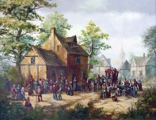 Unattributed  Oil on board  Village scene with stage coach and four horses, country folk dancing,