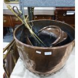 Large copper cauldron, copper coal scuttle, metal pan and brass fire irons