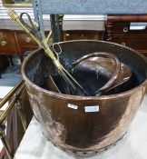 Large copper cauldron, copper coal scuttle, metal pan and brass fire irons