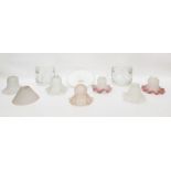 Box of assorted glass light shades to include pair of Victorian-style variegated pink, two opaque