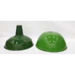 Two green enamel industrial style light shades, one by 'Real' (2)