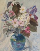 K MacKenzie (20th century - Dudley Art School) Oil on canvas Cornucopia of flowers in blue