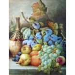 F G Malins Watercolour drawing Still life study of fruit and wine bottle, signed, 49cm x 38cm