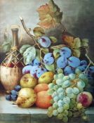 F G Malins Watercolour drawing Still life study of fruit and wine bottle, signed, 49cm x 38cm