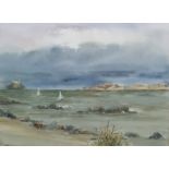 Larkman (20th century) Watercolour drawing Seascape After W Heaton Cooper Print Clear evening