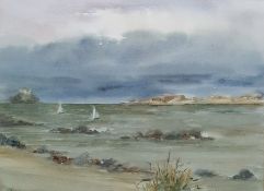 Larkman (20th century) Watercolour drawing Seascape After W Heaton Cooper Print Clear evening