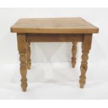 Rectangular pine table on four turned supports, the top 91cm x 74cm