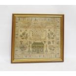 Mid 19th century sampler by Sarah Hatton dated October 26th 1845, decorated with upper and lower