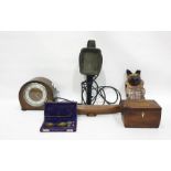 Assorted items to include tea caddy, model of a cat, mantel clock, boxes, etc