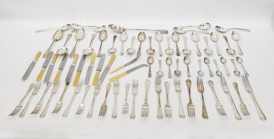 Quantity Old English pattern table flatware and sundry yellow handled table knives (1 box)