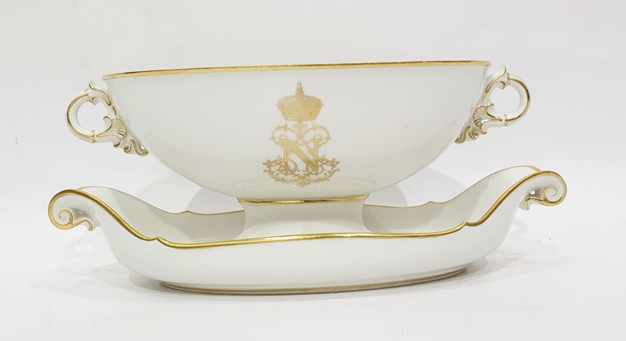 Mid 19th century Sevres porcelain oval twin-handled bowl, gilt decorated, with monogram for Napoleon