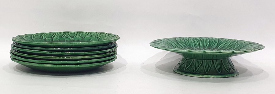 Set of six green majolica cabbage leaf decorated plates and a tazza (7)