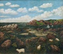 Unattributed Oil on canvas Coastal scene with sailing vessels and sheep in foreground, 34 x 39 cms