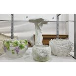 White and gilt decorated jardiniere on stand, the bowl formed as a flower, possibly a hydrangea, and
