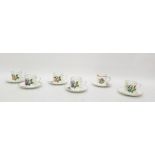 Set of six Royal Worcester china coffee cans and saucers, individually floral decorated