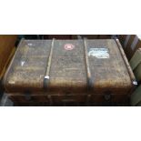 Canvas and wood banded vintage trunk, bearing label ( torn) Cunard White Star to Europe, and
